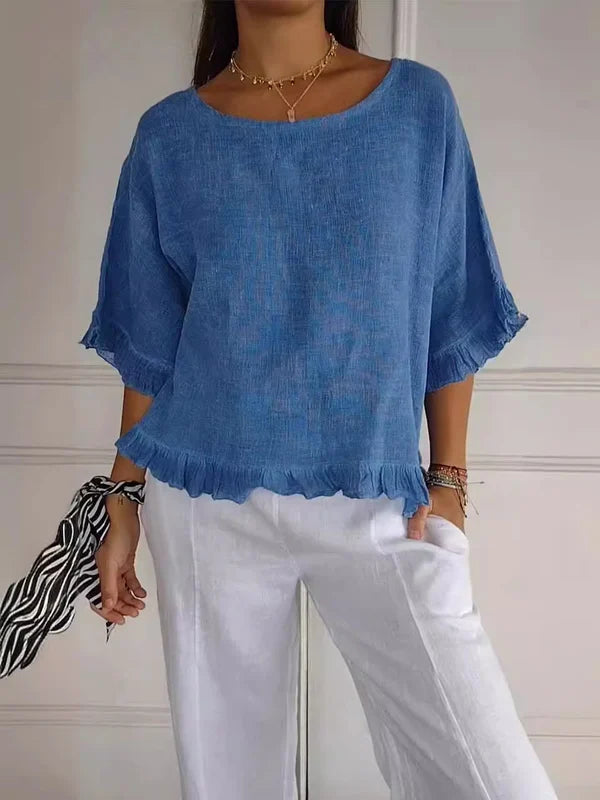 Novacine | Women's Casual Relaxed Round Neck Linen Blouse — Blue