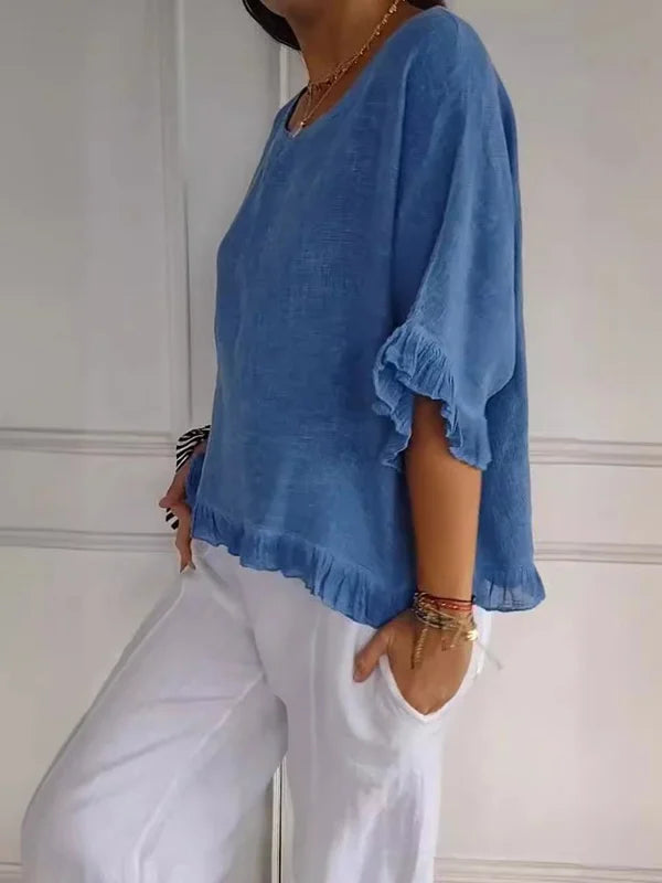 Novacine | Women's Casual Relaxed Round Neck Linen Blouse — 2