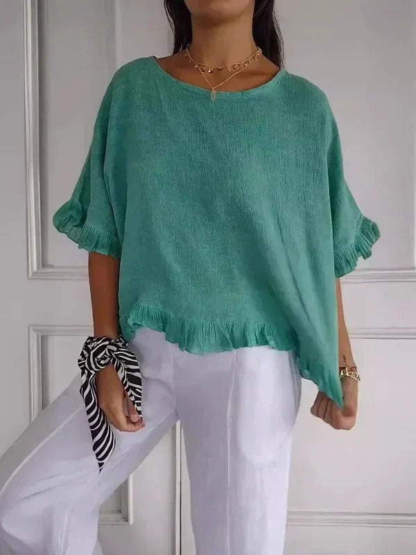Novacine | Women's Casual Relaxed Round Neck Linen Blouse — Green