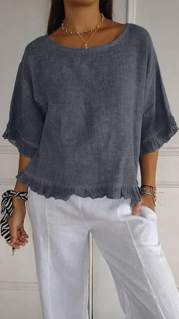 Novacine | Women's Casual Relaxed Round Neck Linen Blouse — Grey