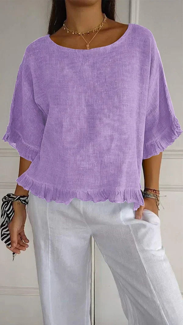 Novacine | Women's Casual Relaxed Round Neck Linen Blouse — Purple