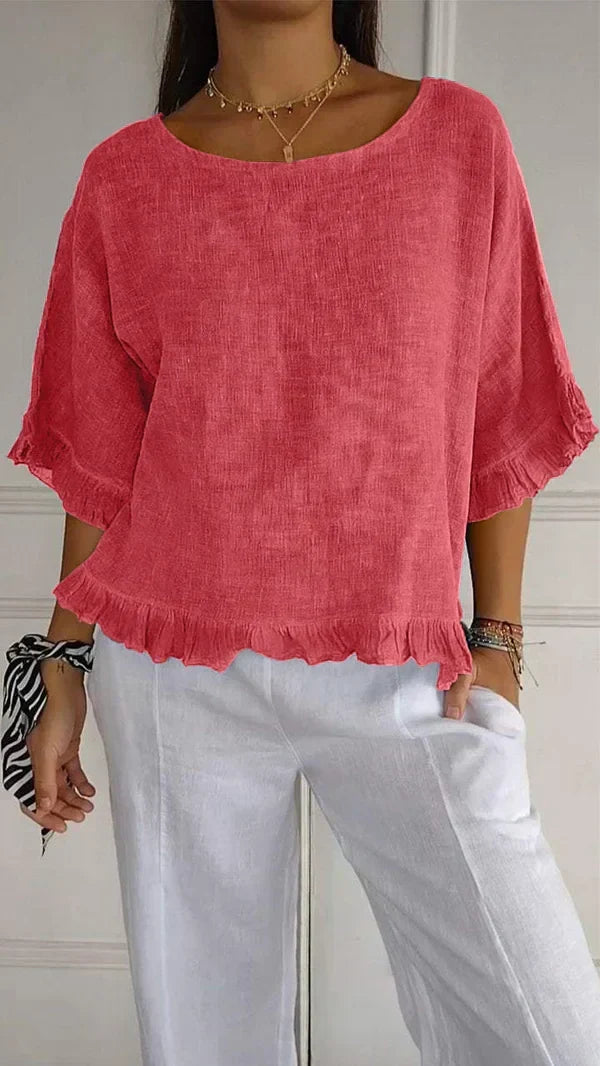 Novacine | Women's Casual Relaxed Round Neck Linen Blouse — Red