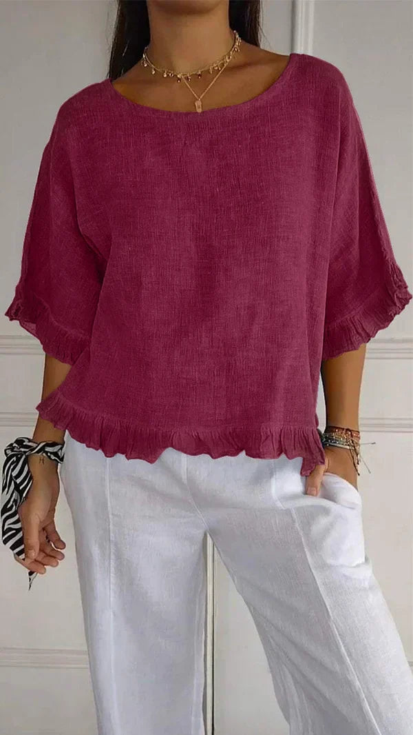Novacine | Women's Casual Relaxed Round Neck Linen Blouse — Wine