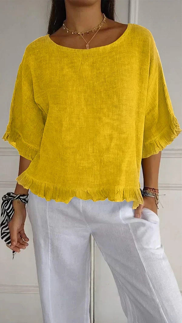 Novacine | Women's Casual Relaxed Round Neck Linen Blouse — Yellow