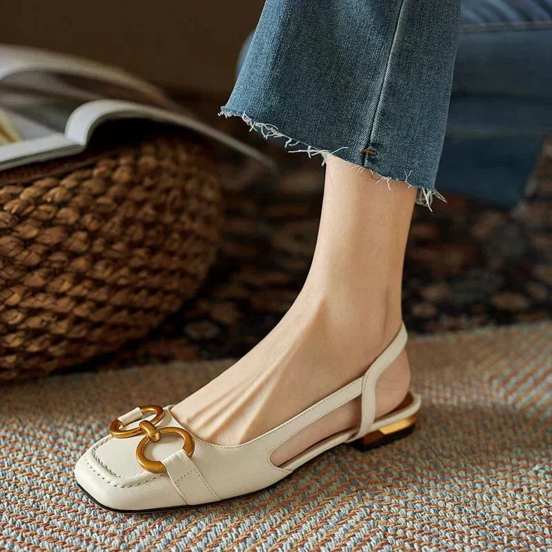 Novaelle | Women's Cushioned Slip-On Suede Slingback Flats With Chain Detail Loafers — Beige