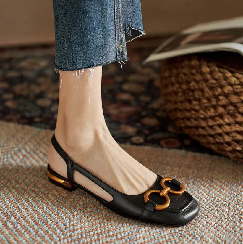 Novaelle | Women's Cushioned Slip-On Suede Slingback Flats With Chain Detail Loafers — Black