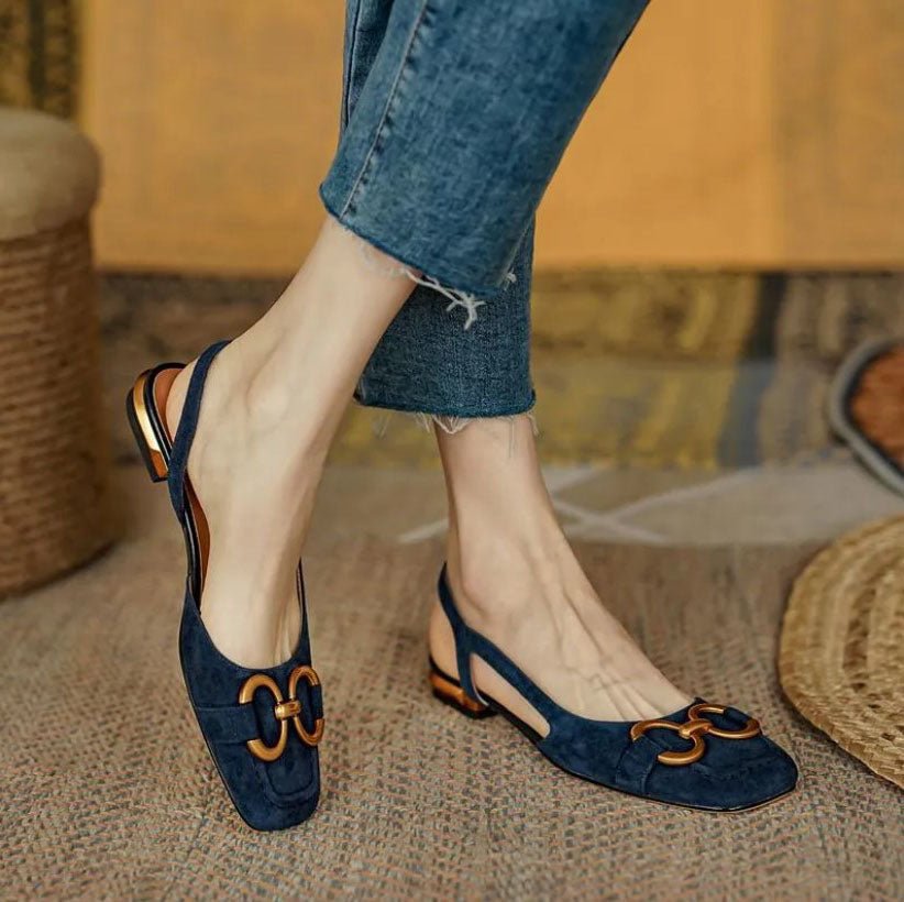 Novaelle | Women's Cushioned Slip-On Suede Slingback Flats With Chain Detail Loafers — 1