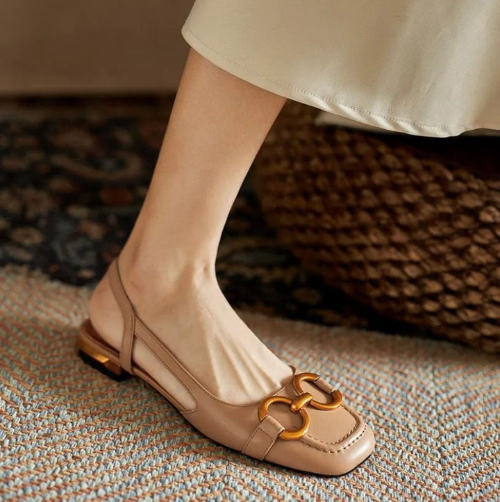 Novaelle | Women's Cushioned Slip-On Suede Slingback Flats With Chain Detail Loafers — Khaki