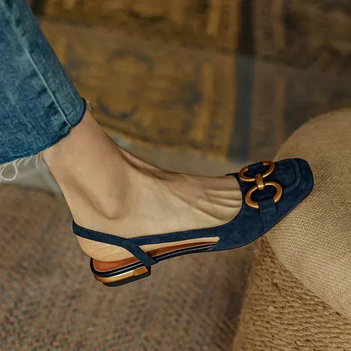 Novaelle | Women's Cushioned Slip-On Suede Slingback Flats With Chain Detail Loafers — Navy Blue