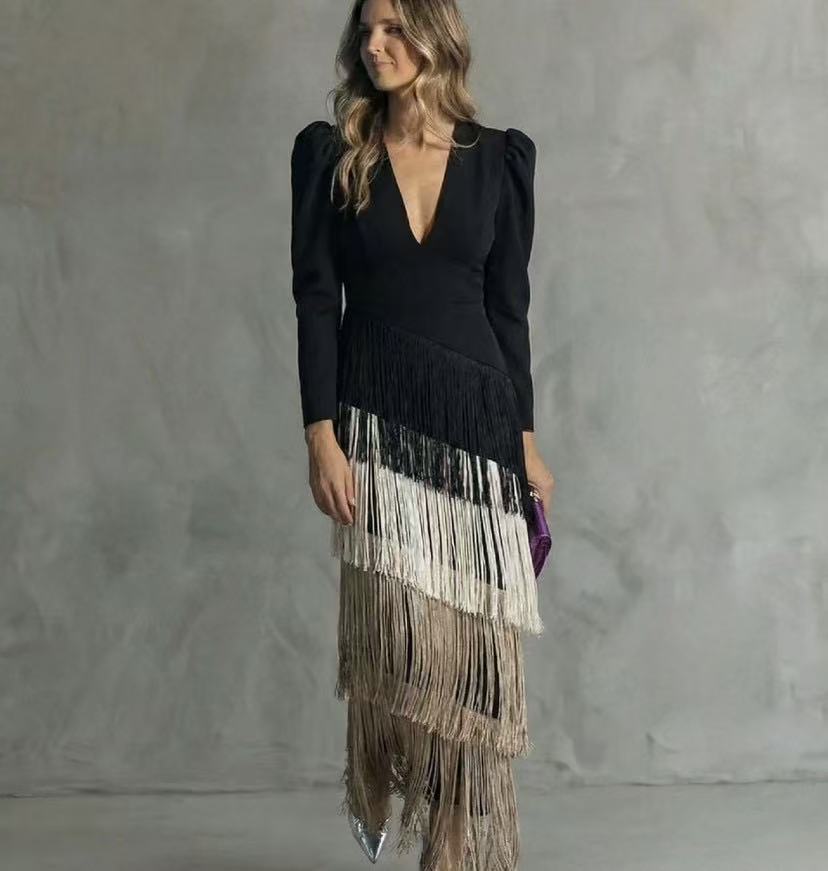 Novaienne | Women's Elegant Fringe V Neck Midi Dress - Formal Evening Gown — Black