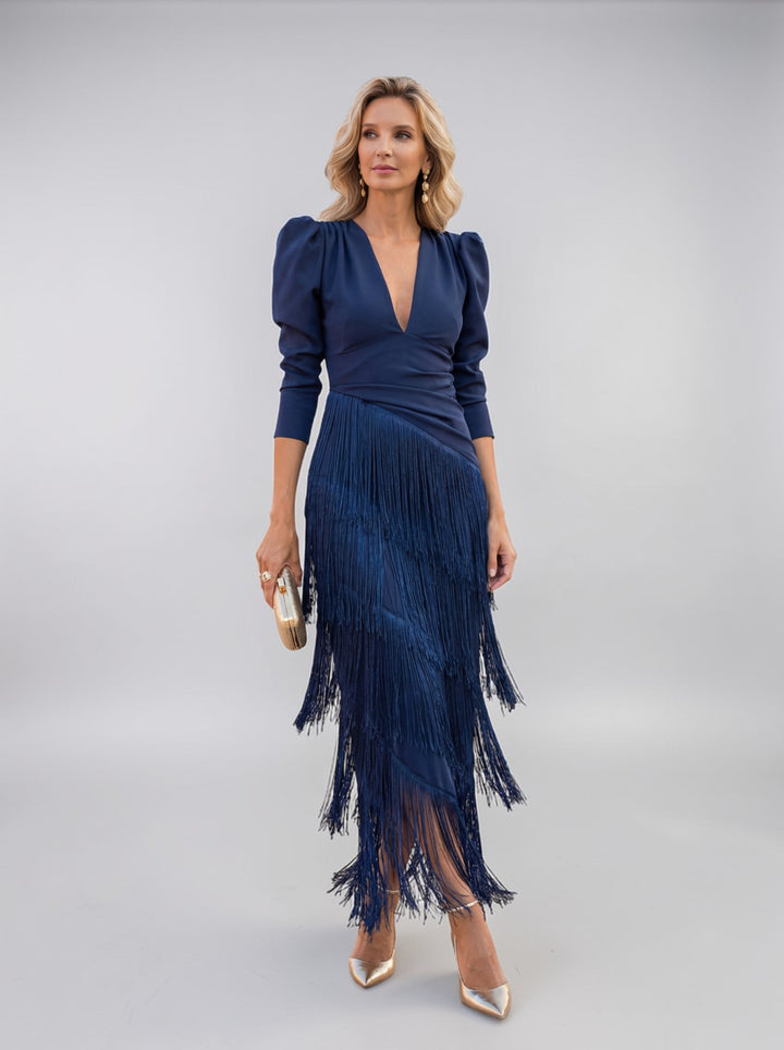 Novaienne | Women's Elegant Fringe V Neck Midi Dress - Formal Evening Gown — Blue