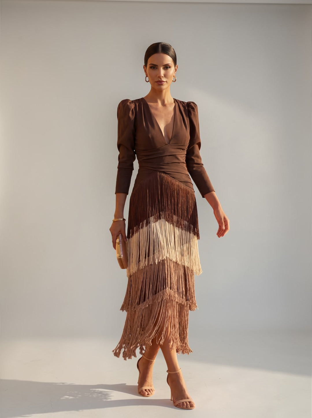 Novaienne | Women's Elegant Fringe V Neck Midi Dress - Formal Evening Gown — 1