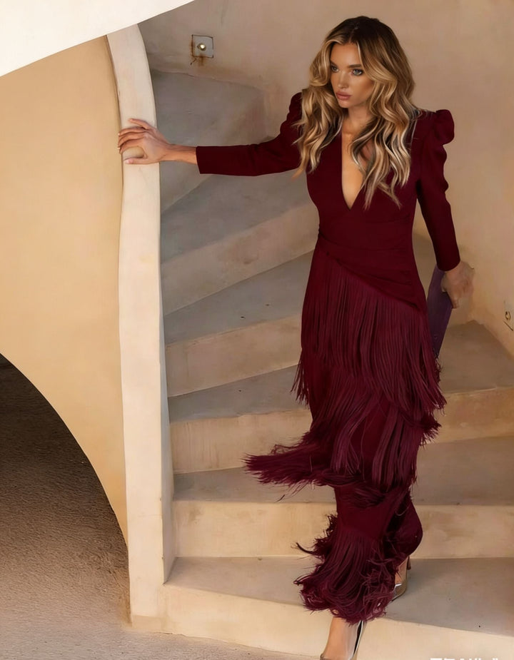 Novaienne | Women's Elegant Fringe V Neck Midi Dress - Formal Evening Gown — Crimson