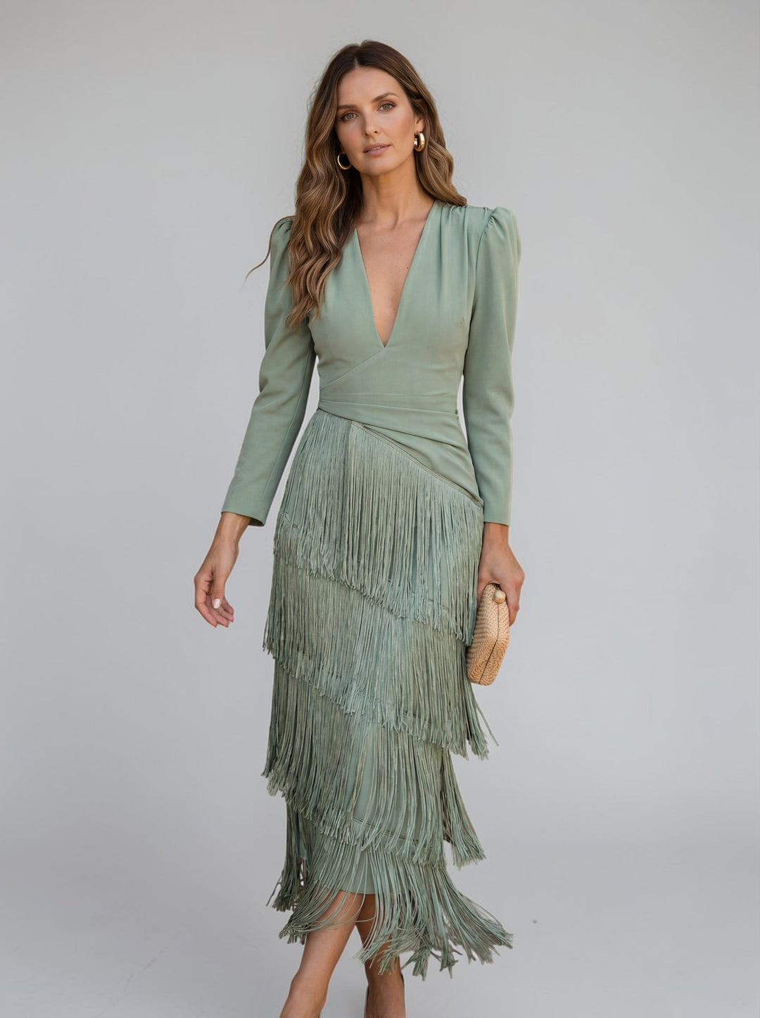 Novaienne | Women's Elegant Fringe V Neck Midi Dress - Formal Evening Gown — Green