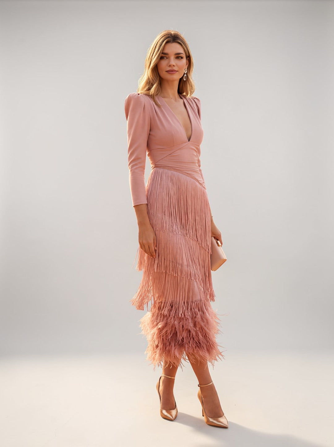 Novaienne | Women's Elegant Fringe V Neck Midi Dress - Formal Evening Gown — Pink