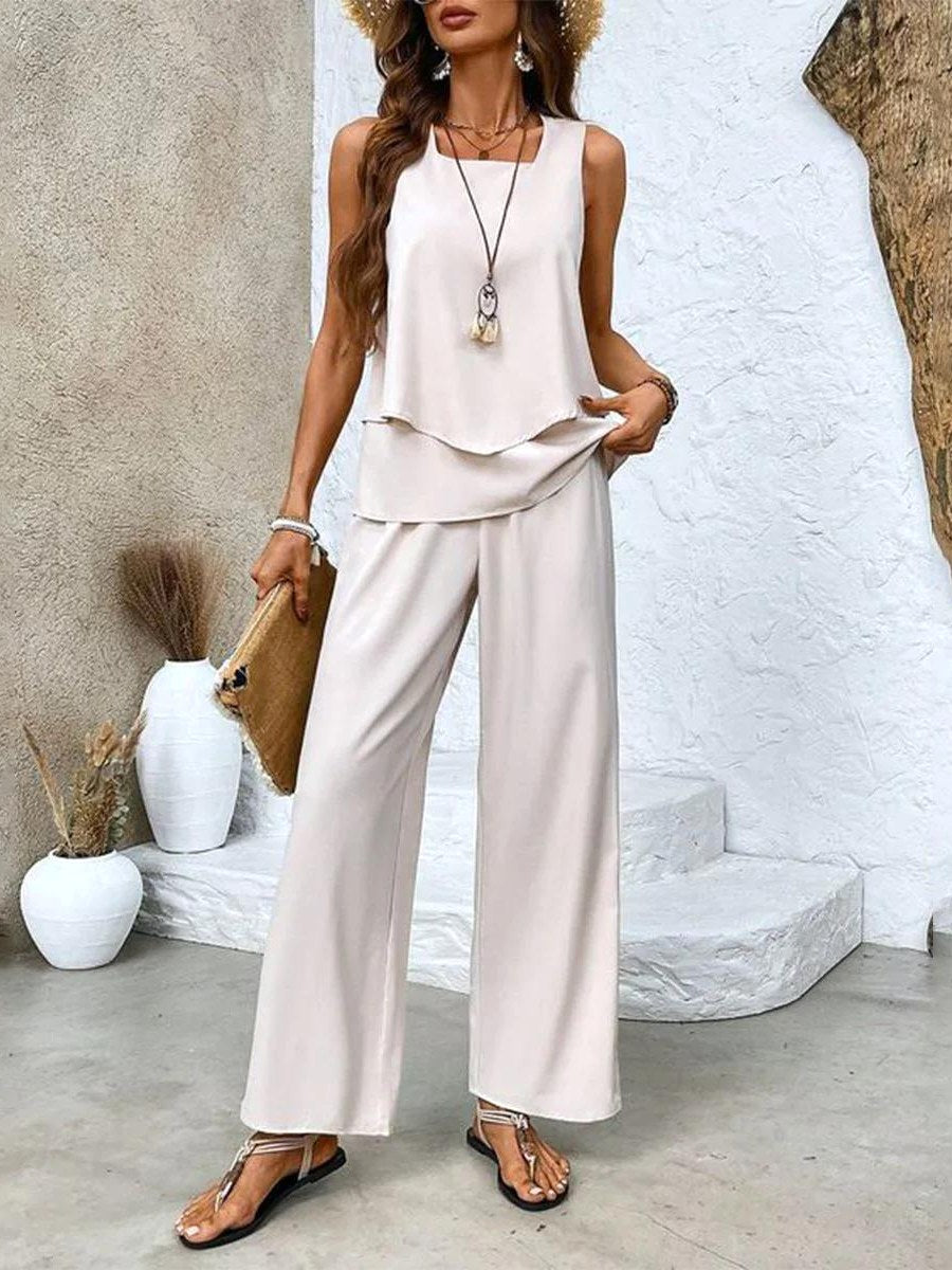 Novaine | Women's Matching Chic Two-Piece Set — Beige