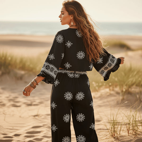 Novamira | Women's Two-Piece Matching Black Print Kimono & Wide Leg Pants Set — 2
