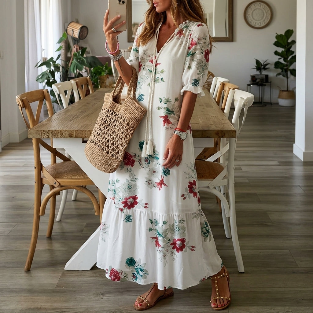 Nylaetta | Women's Elegant Print Kaftan Dress — White 3