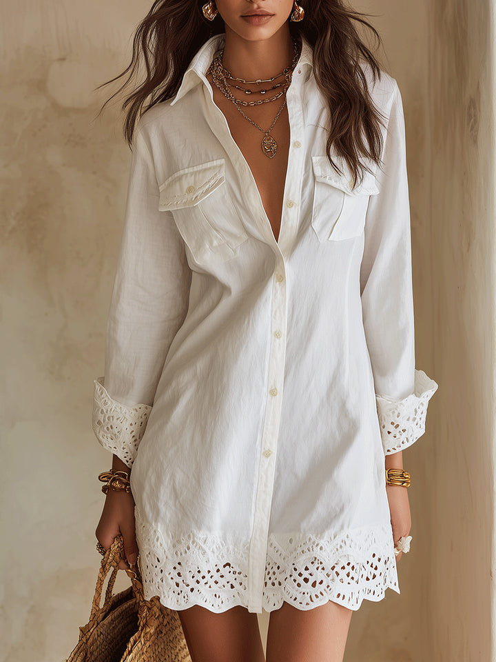 Nylalise | White Eyelet Hem Shirt Mini Dress