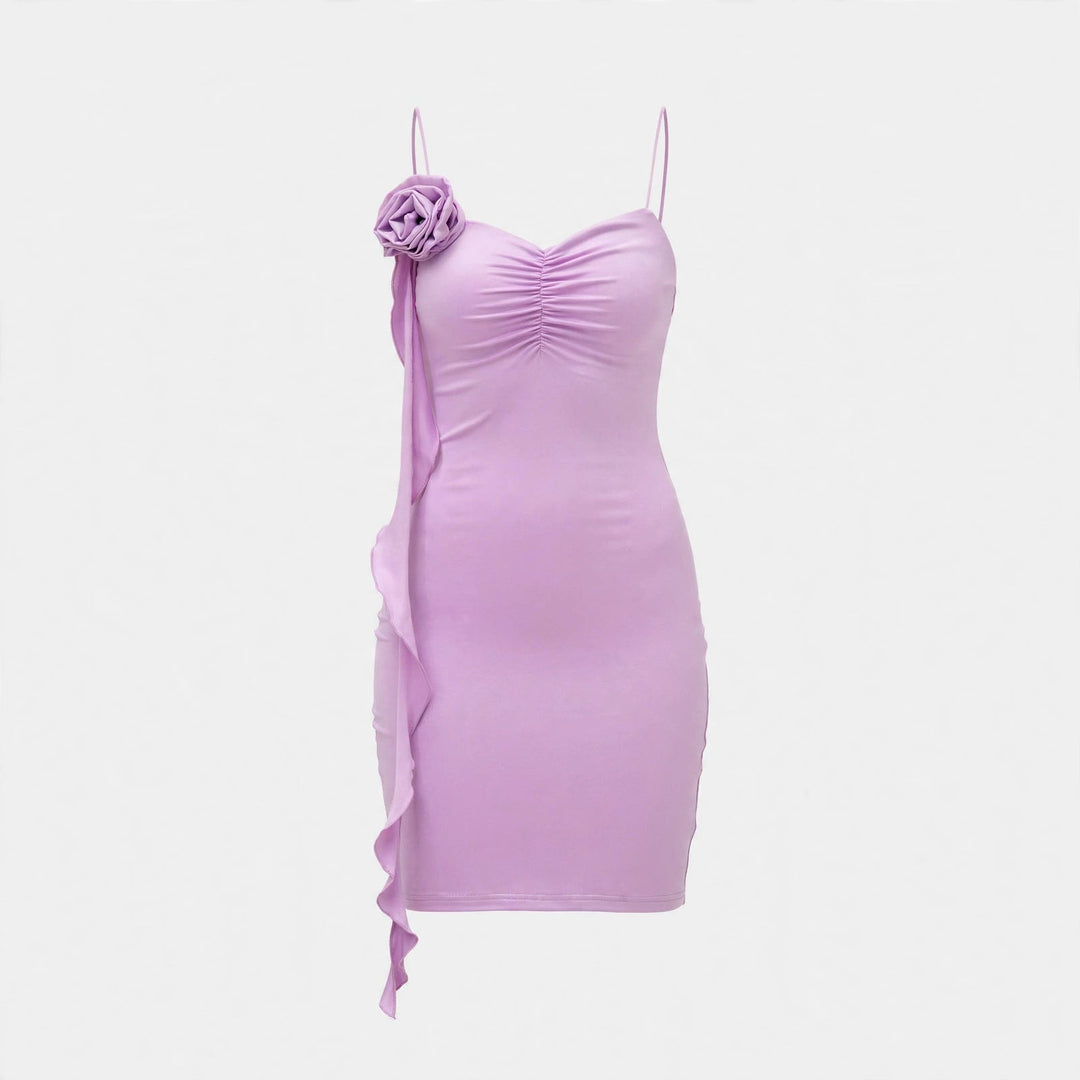Odelanne | Women's Elegant Lilac Rosette Satin Mini Dress — 2