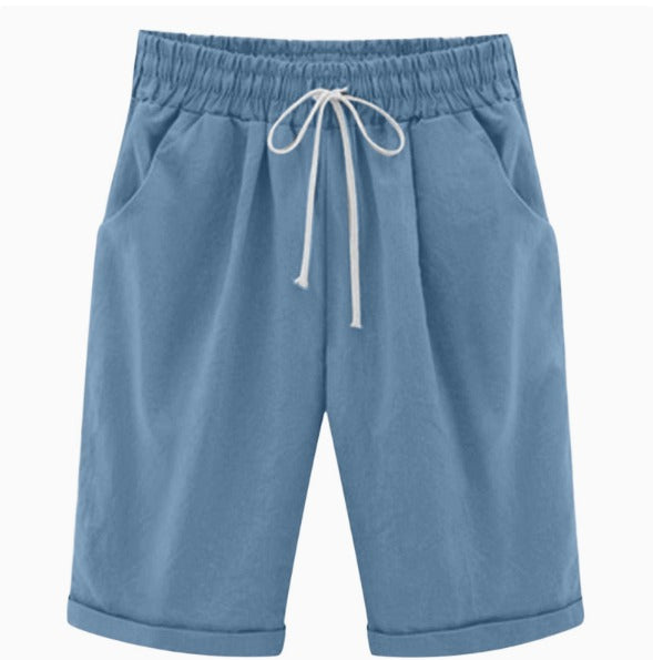 Odelienne | Women's High-Waist Relaxed Drawstring Linen Shorts with Pockets — Blue