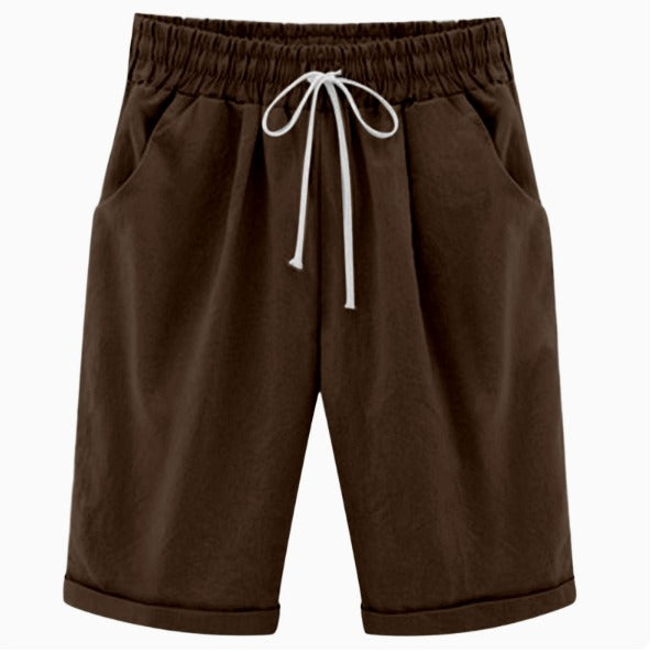 Odelienne | Women's High-Waist Relaxed Drawstring Linen Shorts with Pockets — Brown
