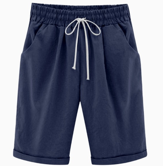 Odelienne | Women's High-Waist Relaxed Drawstring Linen Shorts with Pockets — Dark Blue