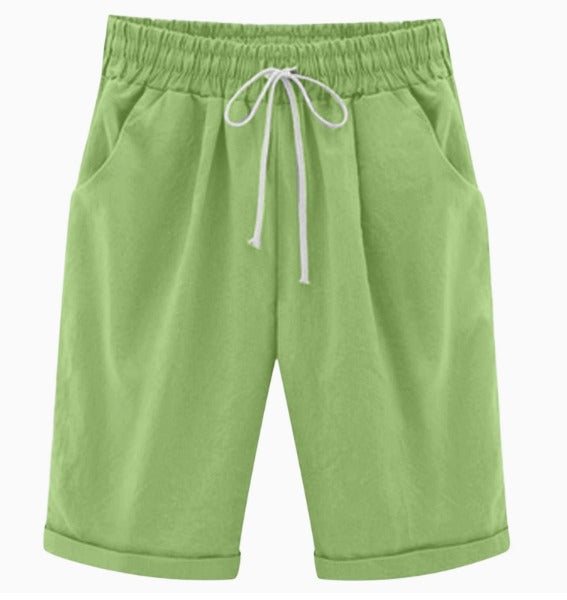 Odelienne | Women's High-Waist Relaxed Drawstring Linen Shorts with Pockets — Green