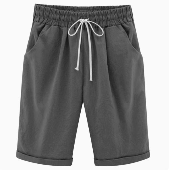 Odelienne | Women's High-Waist Relaxed Drawstring Linen Shorts with Pockets — Grey