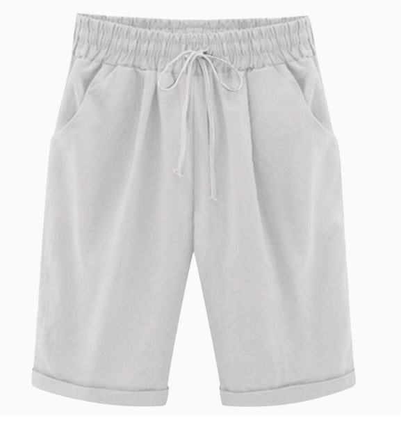Odelienne | Women's High-Waist Relaxed Drawstring Linen Shorts with Pockets — Light Grey