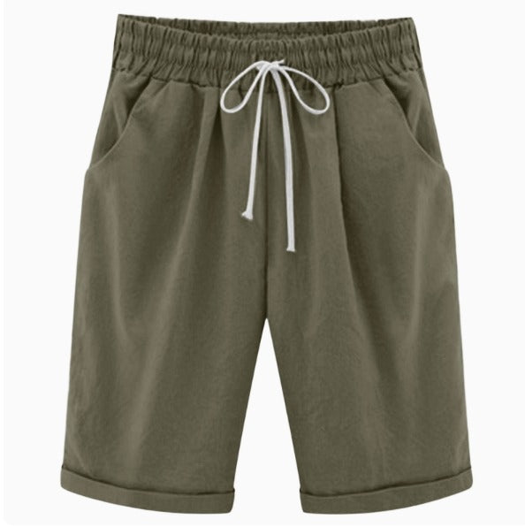 Odelienne | Women's High-Waist Relaxed Drawstring Linen Shorts with Pockets — Olive