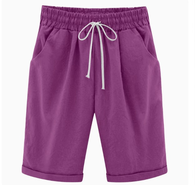 Odelienne | Women's High-Waist Relaxed Drawstring Linen Shorts with Pockets — Purple