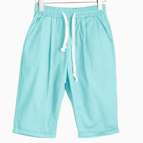 Odelienne | Women's High-Waist Relaxed Drawstring Linen Shorts with Pockets — Turquoise
