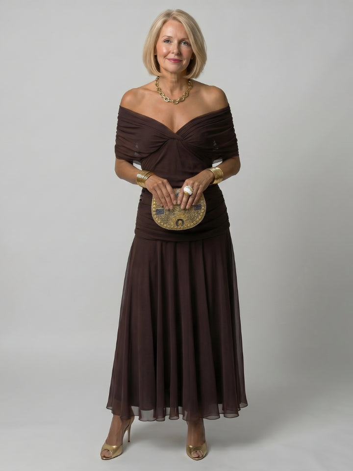 Odellise | Women's Elegant Off Shoulder Flow Midi Dress — Brown