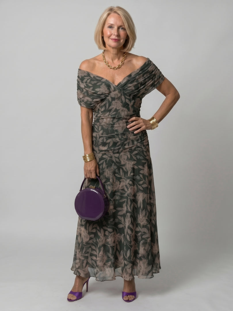 Odellise | Women's Elegant Off Shoulder Flow Midi Dress — Dark green