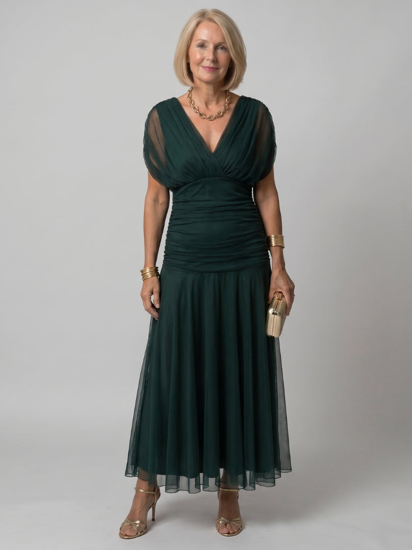 Odellise | Women's Elegant Off Shoulder Flow Midi Dress — Green