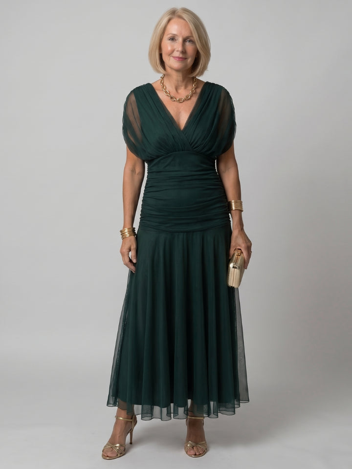 Odellise | Women's Elegant Off Shoulder Flow Midi Dress — Green