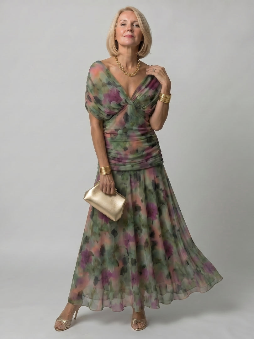 Odellise | Women's Elegant Off Shoulder Flow Midi Dress — Multicolor
