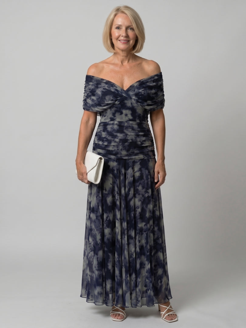Odellise | Women's Elegant Off Shoulder Flow Midi Dress — Navy