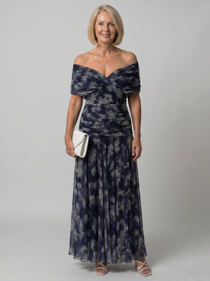 Odellise | Women's Elegant Off Shoulder Flow Midi Dress — Navy