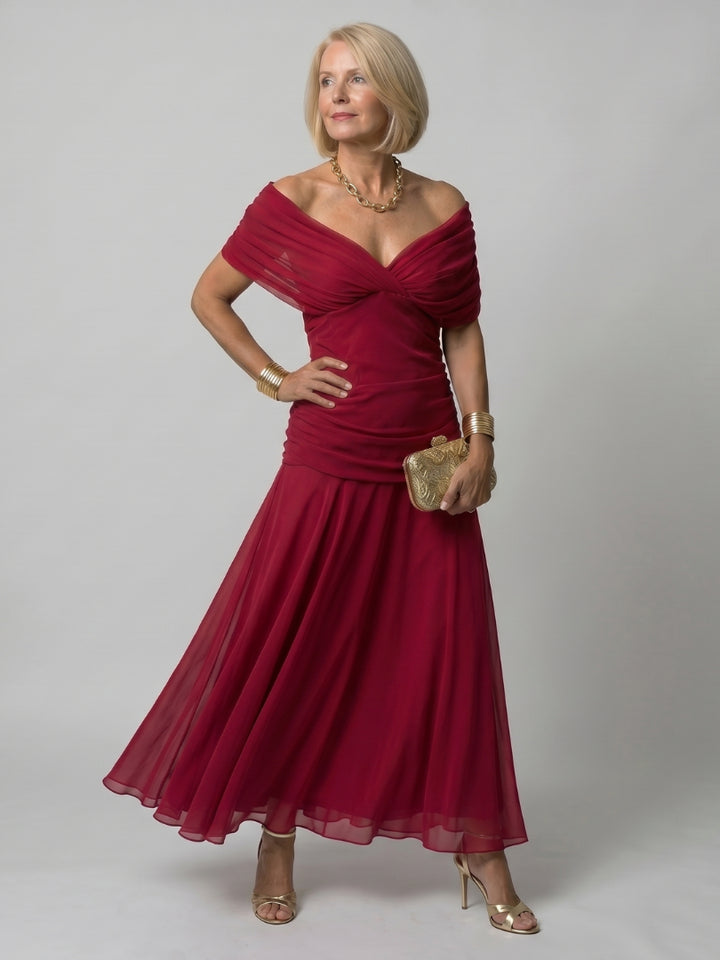 Odellise | Women's Elegant Off Shoulder Flow Midi Dress — Red
