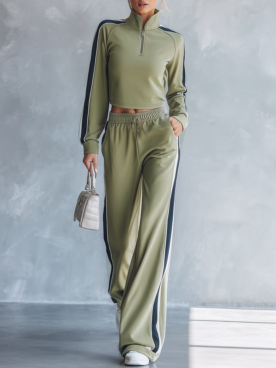 Odelmira | Women's Wide-Leg Striped-Trim Sage Green Cotton Sweatshirt And Pants Set — 1