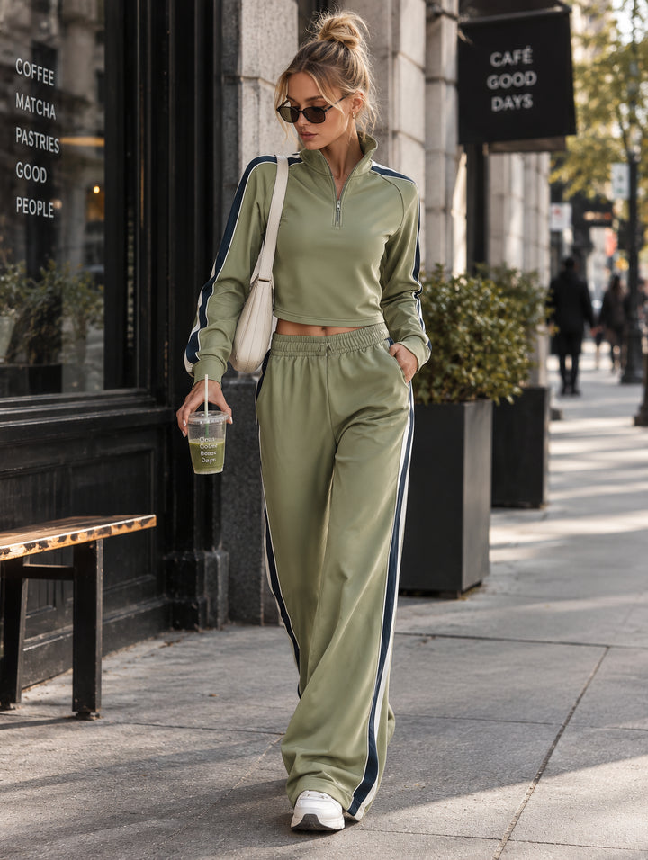 Odelmira | Women's Wide-Leg Striped-Trim Sage Green Cotton Sweatshirt And Pants Set — 2