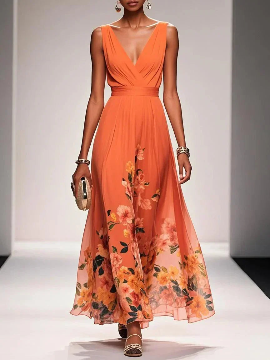 Oksana | Women's Wedding Guest Elegant maxi dress with Blumenmuster for Feste Dresses — Orange