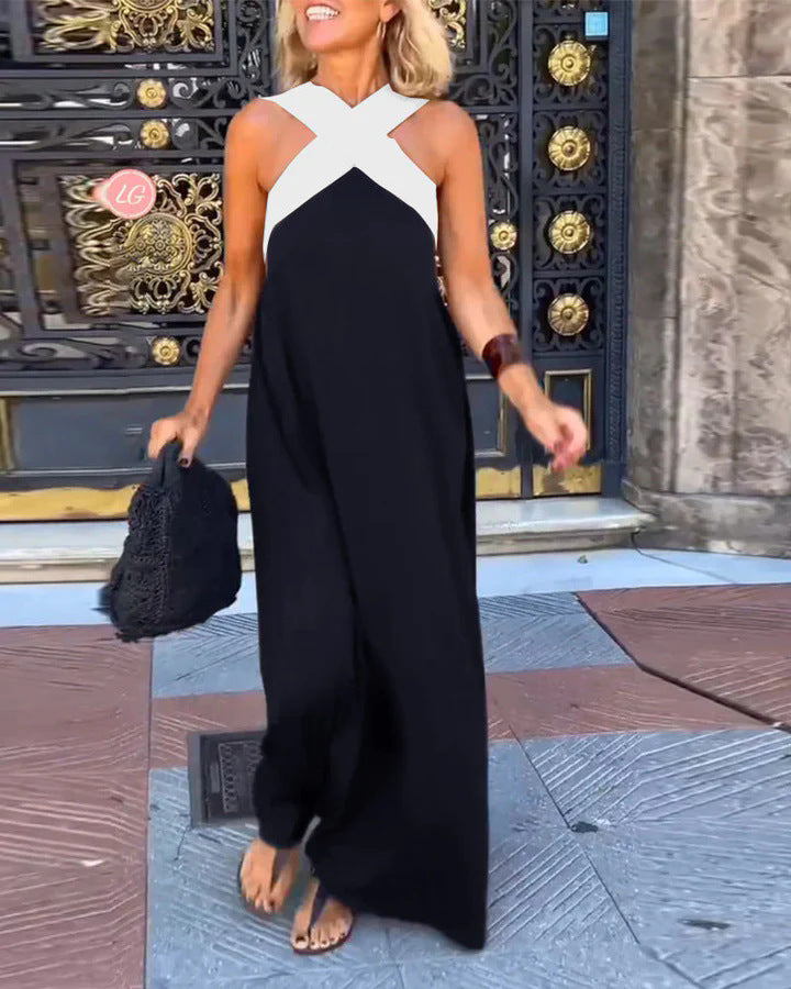 Ondetta | Women's Elegant Cross-Neck Maxi Dress — Black and white shoulder strap