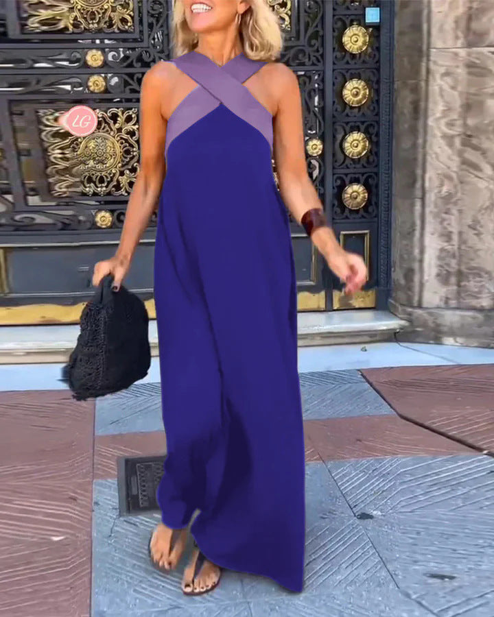 Ondetta | Women's Elegant Cross-Neck Maxi Dress — Blue