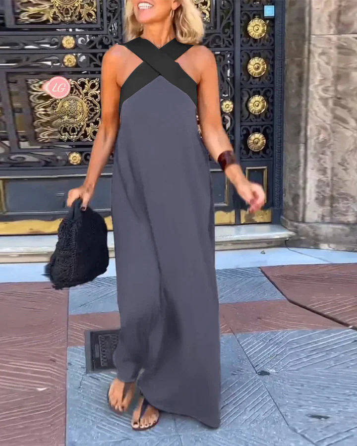Ondetta | Women's Elegant Cross-Neck Maxi Dress — Gray
