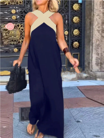 Ondetta | Women's Elegant Cross-Neck Maxi Dress — Navy blue apricot shoulder