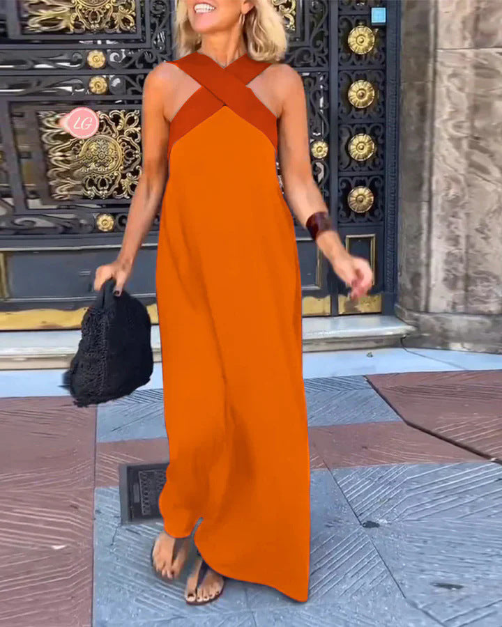 Ondetta | Women's Elegant Cross-Neck Maxi Dress — Orange