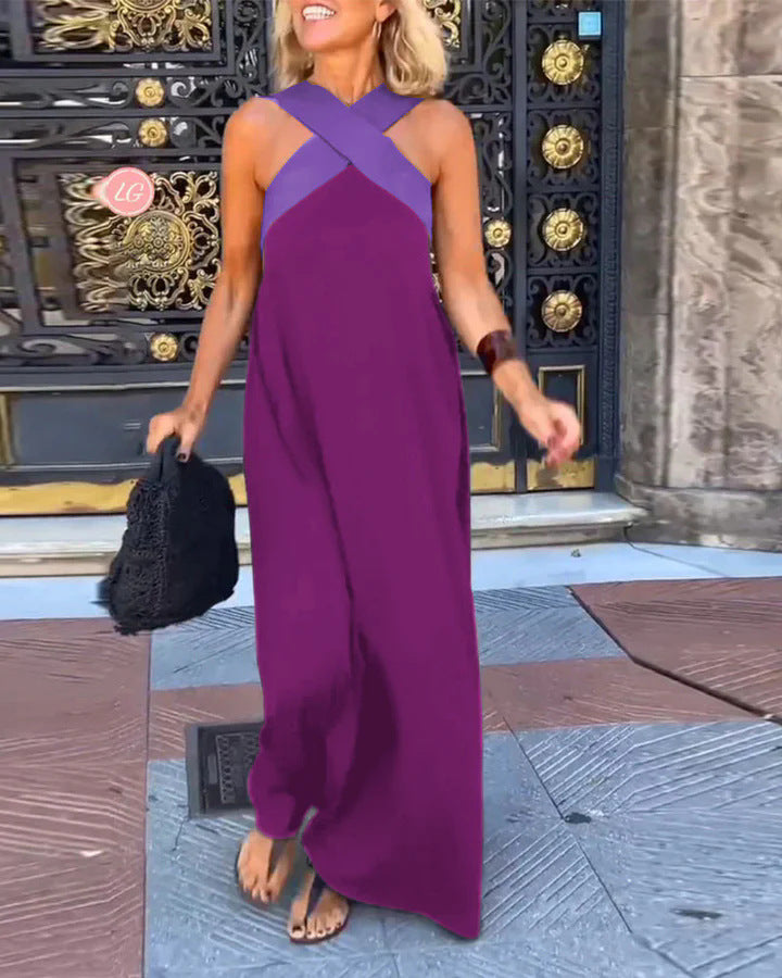Ondetta | Women's Elegant Cross-Neck Maxi Dress — Purple